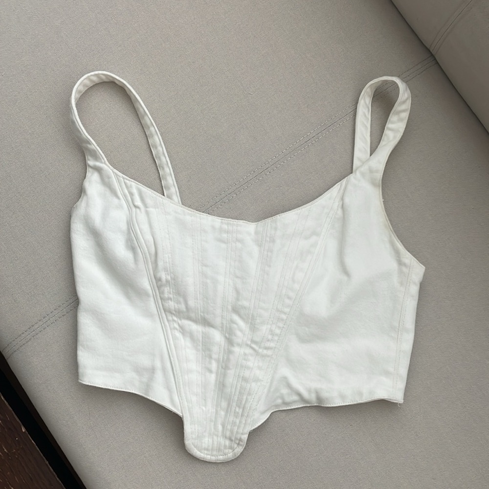 Zara White Denim Corset Strap Crop Top